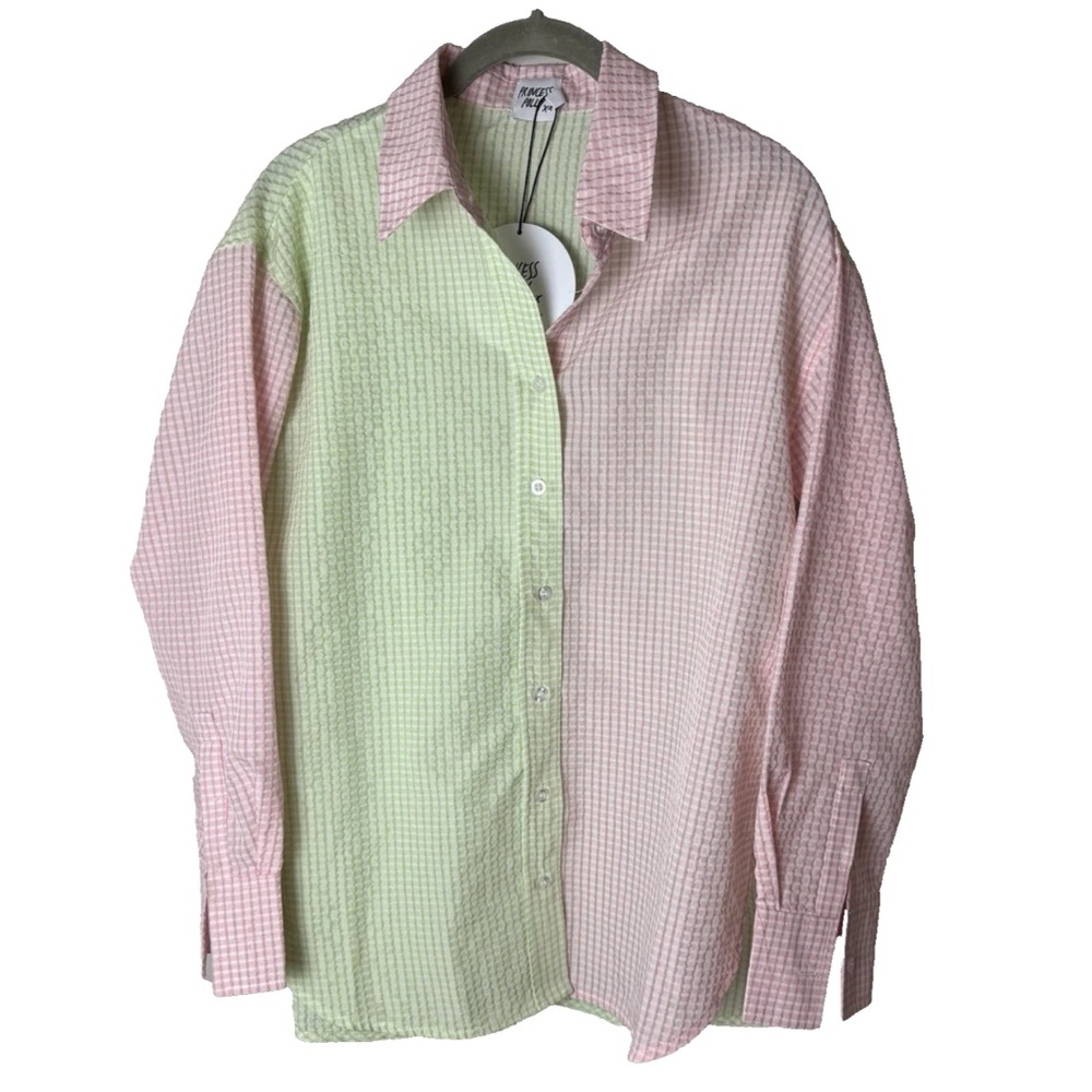 NEW Princess Polly Shirt Size 4 Blouse Top Long Sleeves Plaid Pink Green White